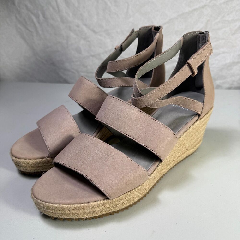 Eileen Fisher Wali Pink Tumbled Leather Wedge Espadrilles Sandals NWOT W Sz 10